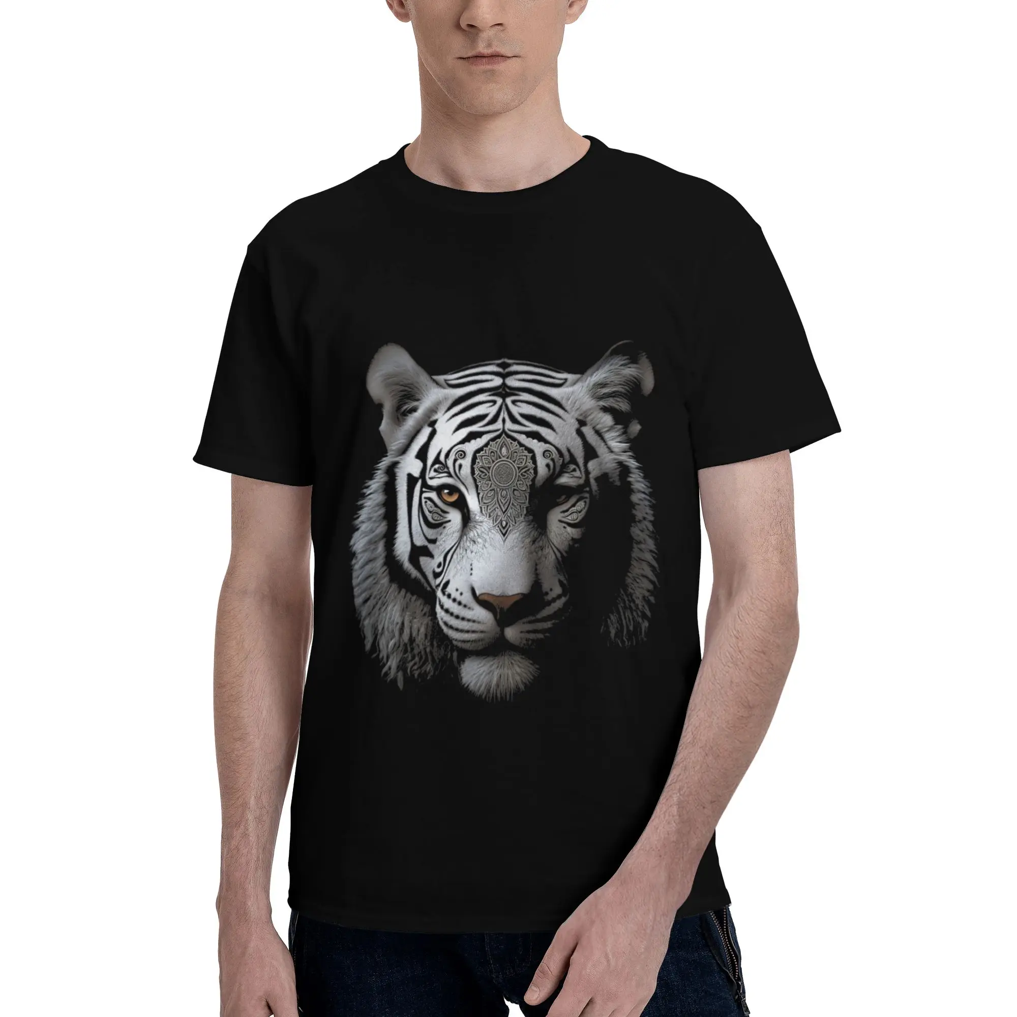 White Tiger   Animal Artwork Tiger Men's T-Shirt Clothes  Hipster Tees Short Sleeve fugees 100% Cotton