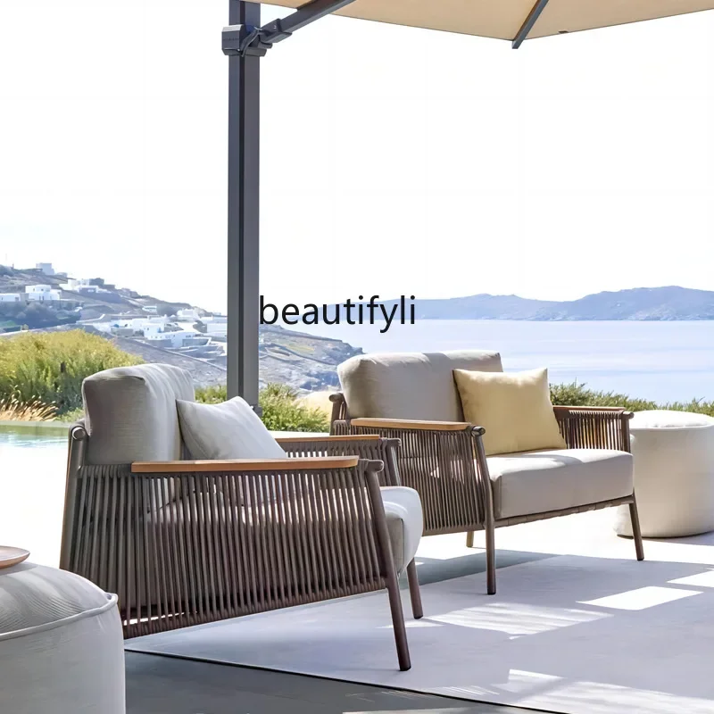 E153 Outdoor Rattan Sofa Rainproof Sunproof Single Rattan Chair Hotel Homestay Furniture Courtyard Outdoor Coffee Table Set