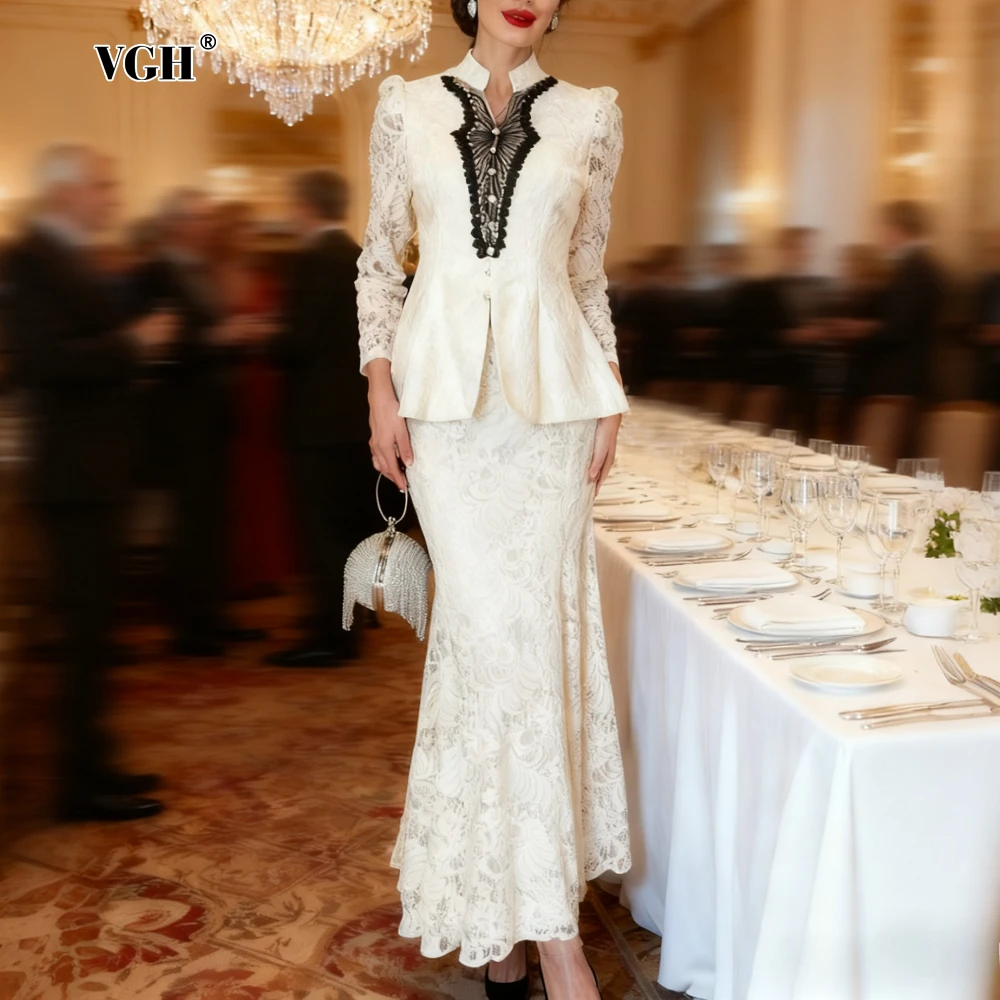 

VGH Office Two Piece Set for Women Stand Collar Long Sleeve Top High Waist Spliced Lace Hollow Skirts Female Elegant Suit Female