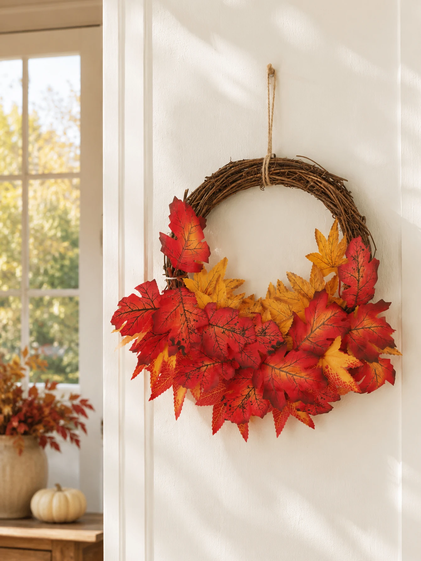 Rustic Fall Artificial Maple Leaf Wreath Twig Rattan Door Wreath with Pumpkin Berries Pinecone Bow Farmhouse Wall Hanging Decor