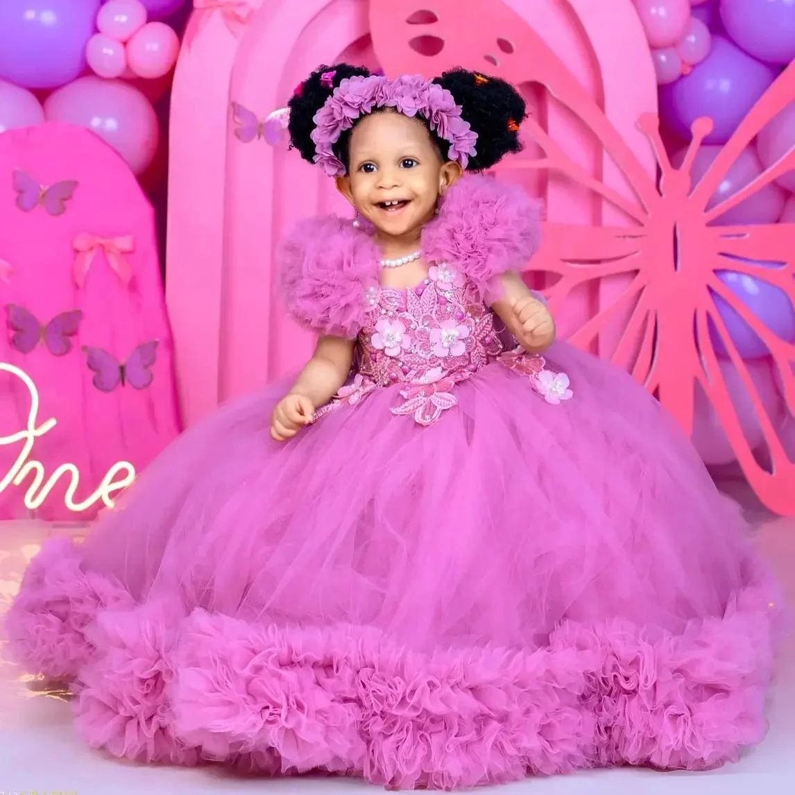 

Customized Fuchsia Flower Girl Dresses For Wedding Appliques Pearls Floor Length Toddler Birthday Party Gifts Performance Gown