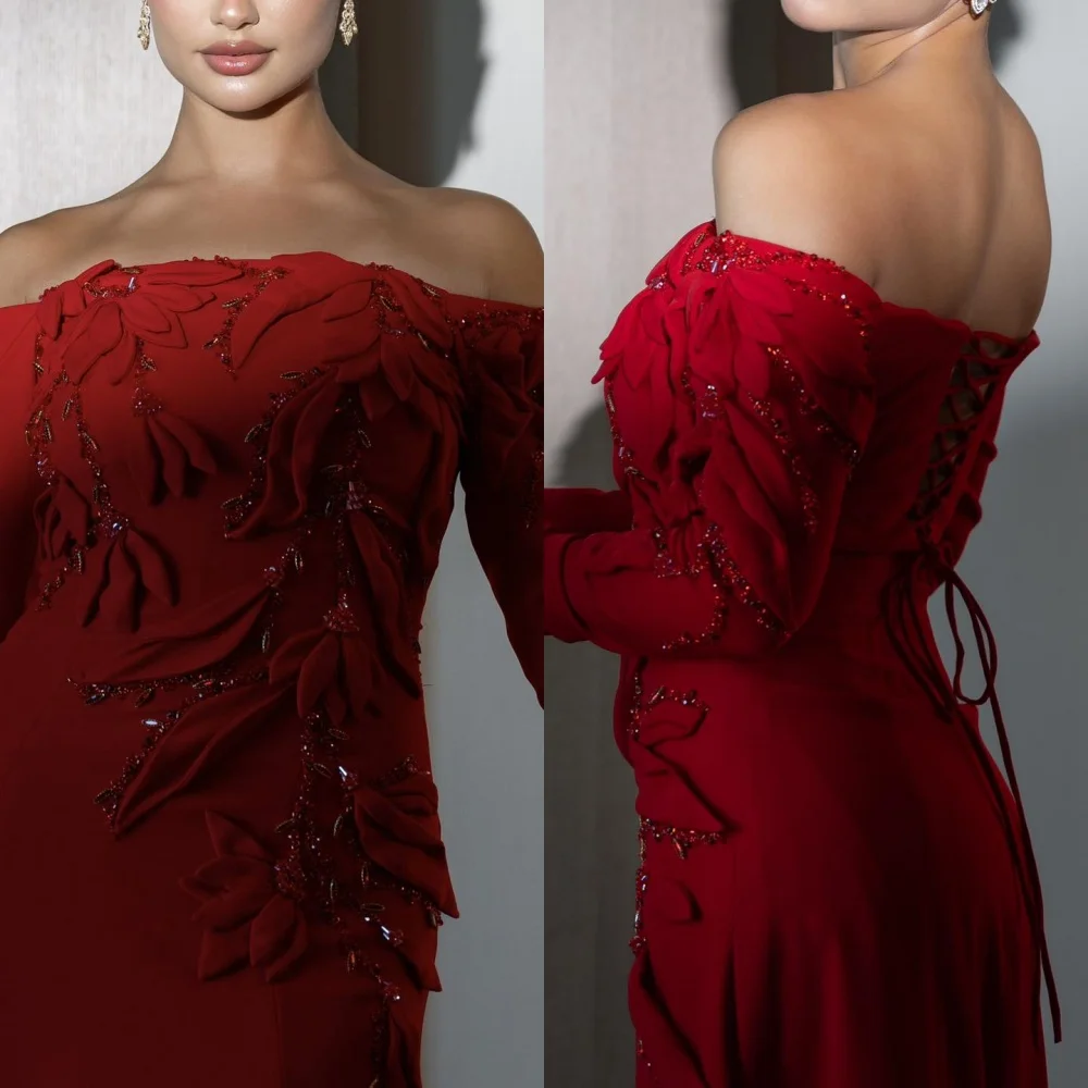 

Customized Exquisite Off the Shoulder Long Sleeves Evening Dress High Quality Jersey Prom Dresse Delicate Crystal Party Gowns