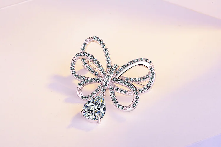 Newest  925 Sterling Silver Bowknot Design CZ Crystal Brooches for Women Fashion Pins Necktie Clothing Dress Wedding Jewelry
