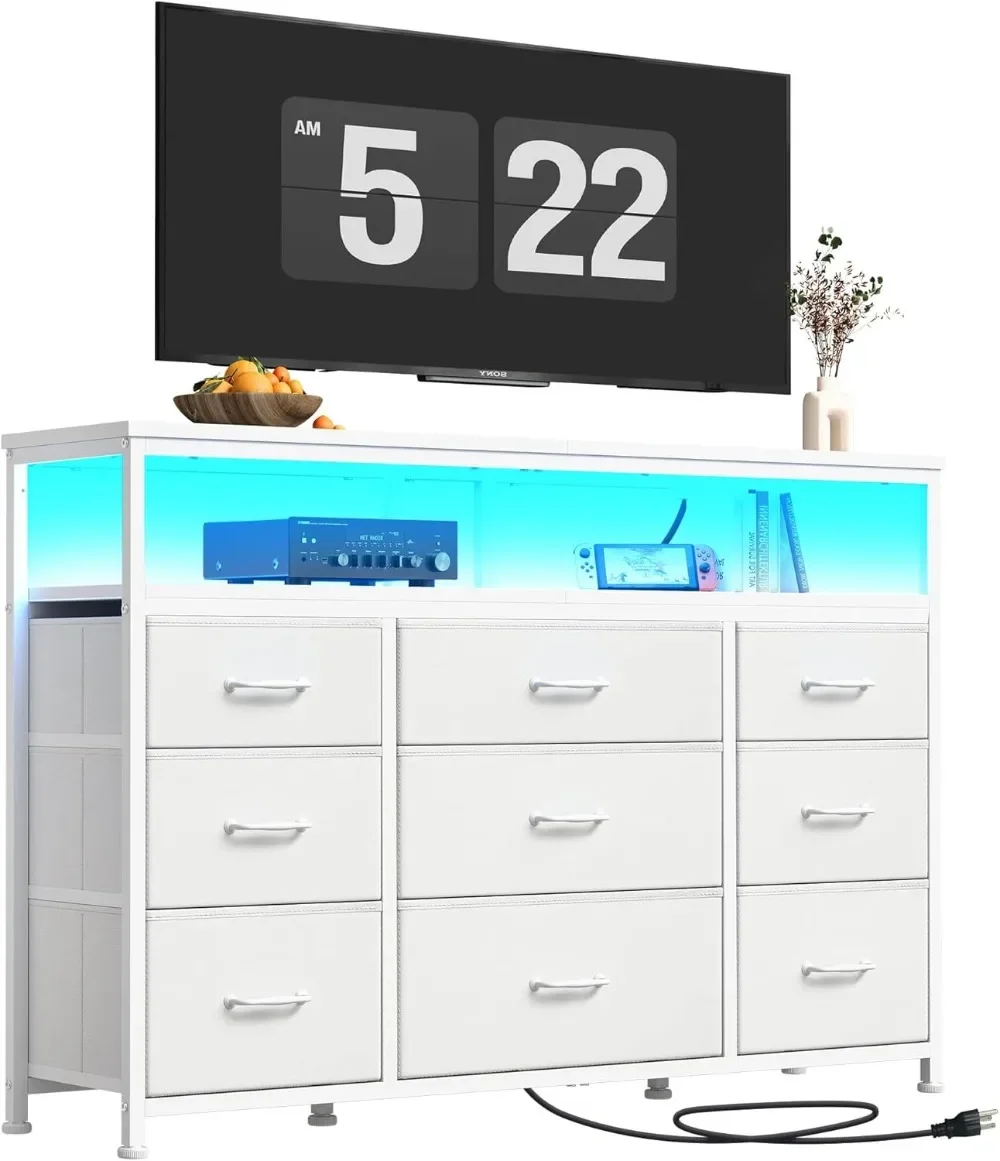 Tv Stand Dresser for Bedroom with Charging Station and LED Lights,9 Fabric Drawers White TV Stand with Open Shelf Storage