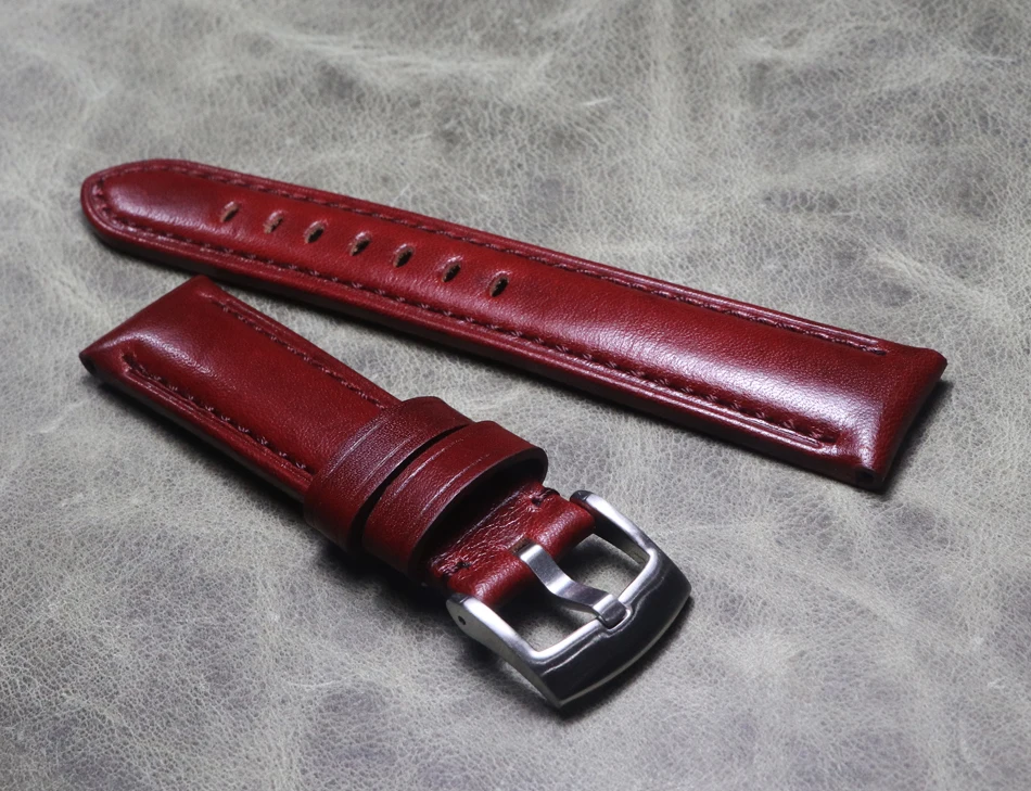 20mm 22mm Luxury Burgundy Handmade Thick Cowhide Leather Watchband Vintage  Derma Bracelet Fashion Wrist Band Strap Accessories