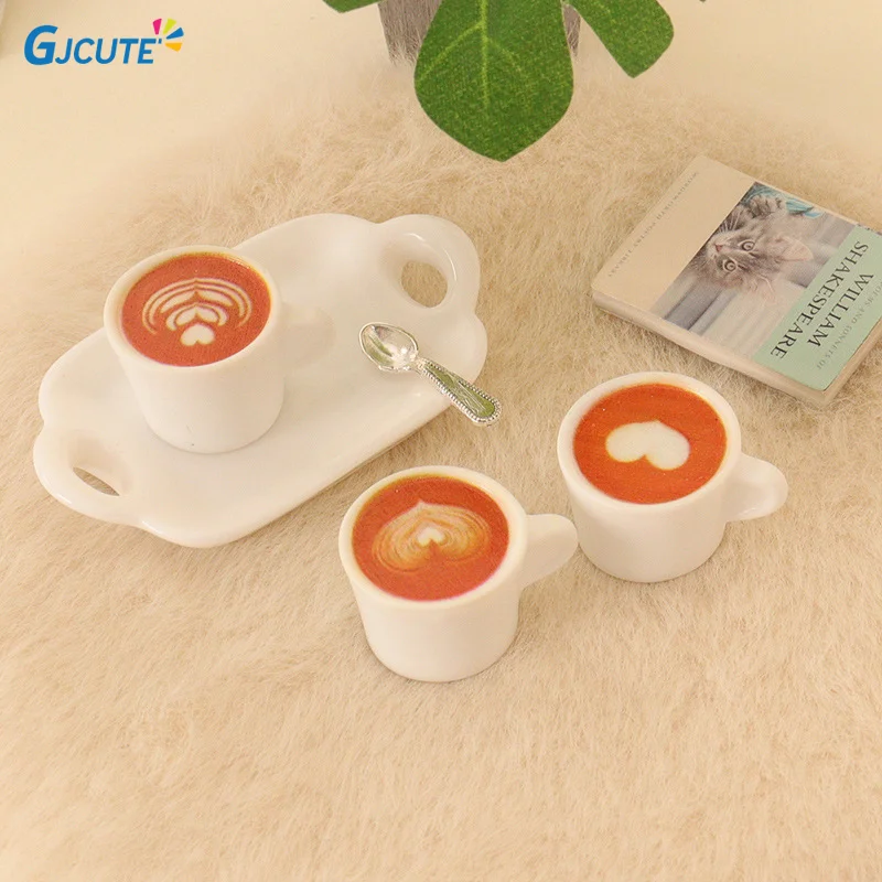 3pcs/Set Dollhouse Mini Simulation Coffee Cup Spoon Tray Coffee Tray Living Scene Model Kitchen Tableware Decor Toys