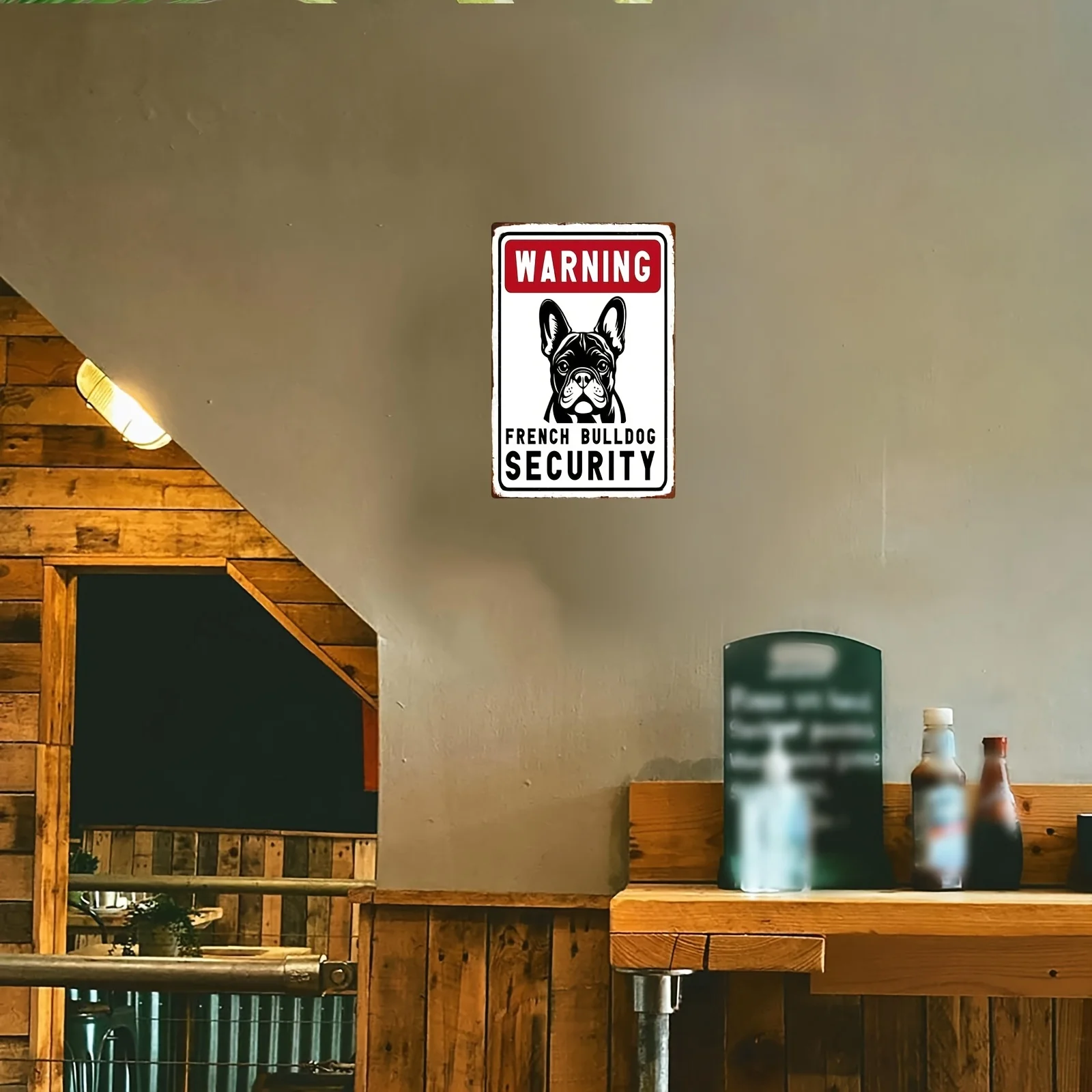A 2D Flat Metal Sign Featuring a French Bulldog Security Warning,Measuring,This Rustic Wall Decoration Showcases a Striking Red