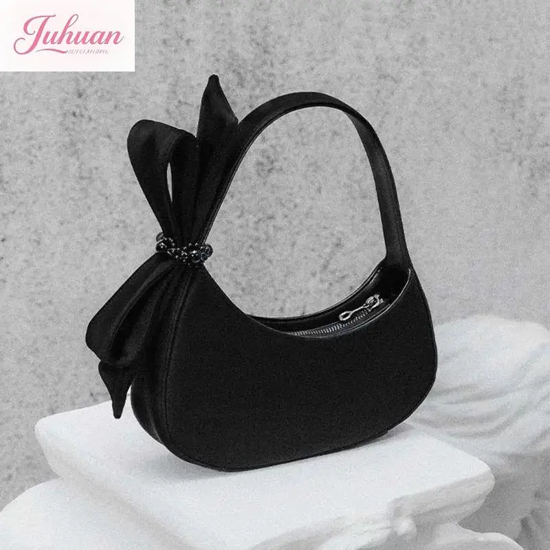 

Ladies Retro Elegant Temperament Black Underarm Bags Bow Crescent Bag Women's Daily Versatile Crescent Bags Handbag Women's
