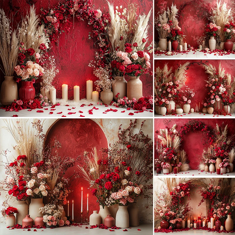 

Valentine's Day Photography Background Rose Petals Bohe Floral Red Wall Decor Romantic Confession Adult Portrait Photo Backdrop