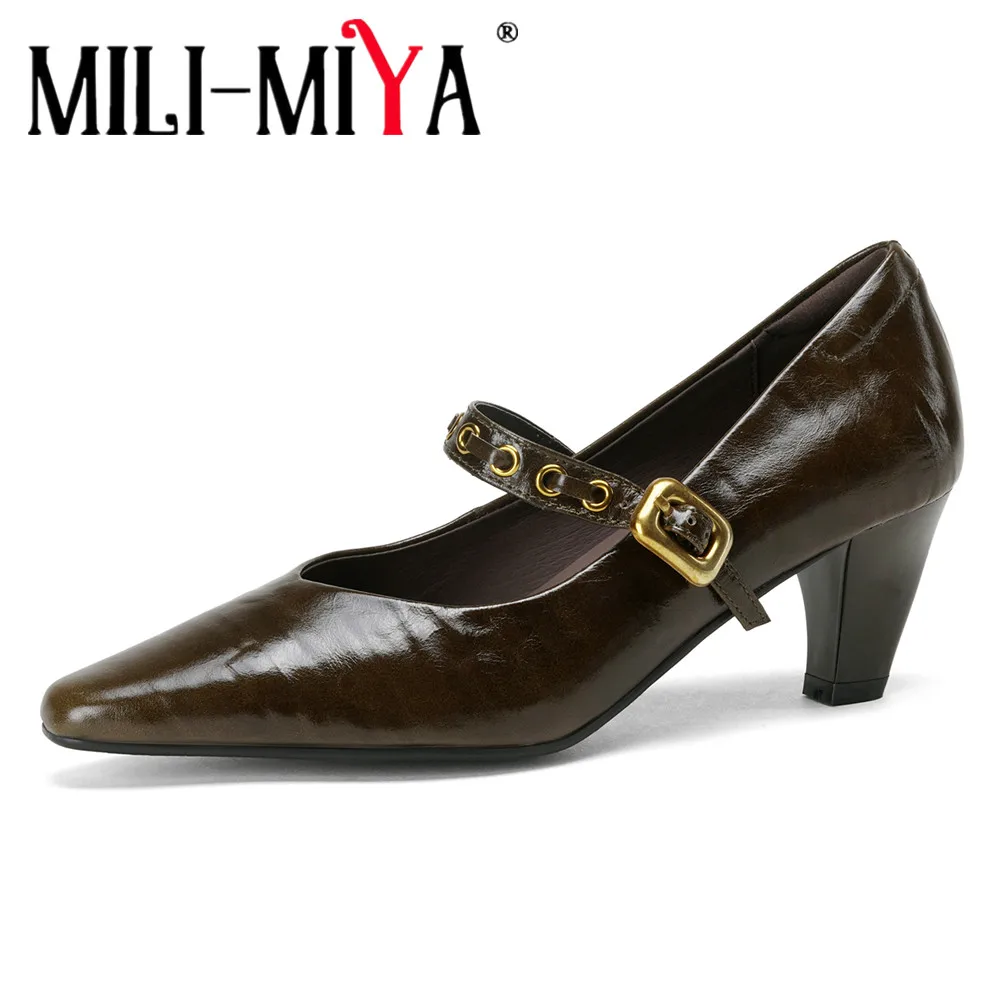MILI-MIYA Women's Pointed-Toe Vintage Full Genuine Leather Mary Jane Shoes With Chunky Heels Solid Color Buckle And Open-Toe