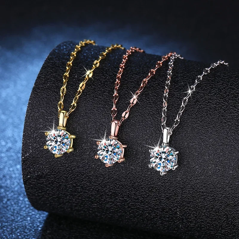 1ct Moissanite Necklace Female Korean Style Simple 6-Claw Gold/Rose Gold/Silver Pendant 925 Sterling Silver Lip Chain