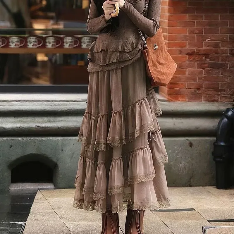 French Vintage Tiered Lace Maxi Skirt Women Irregular Ruffle Tulle Aesthetic Layered Cake Skirt Boho Chic Flowy Long Skirt