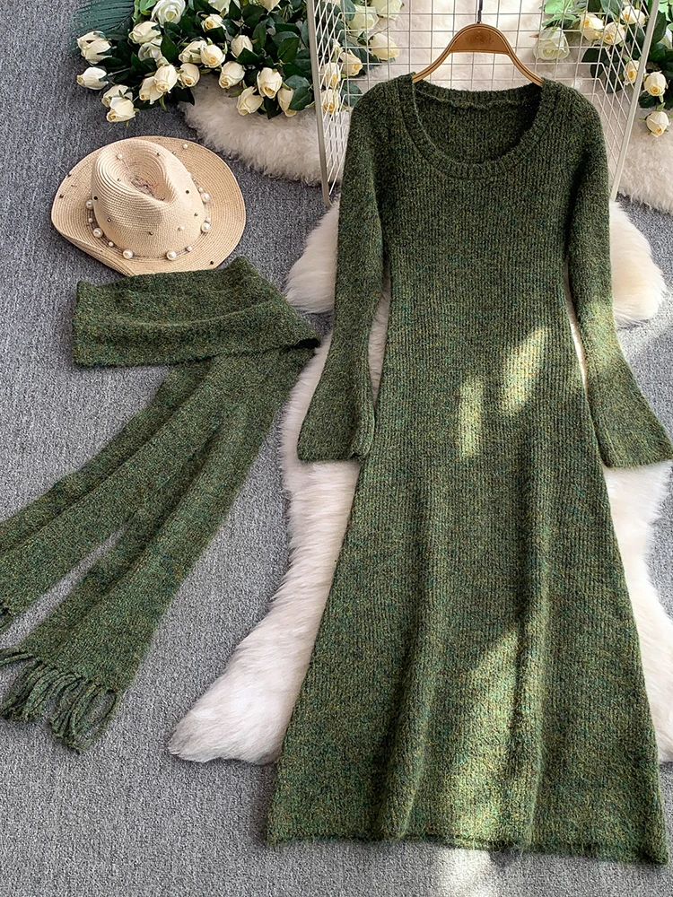 Vrouwen Winter/Herfst Breien Jurk Met Sjaal Nauwsluitende Elegante Uitlopende Mouwen Zachte Wol Buis Sexy Vestidos Vrouwelijke DS206