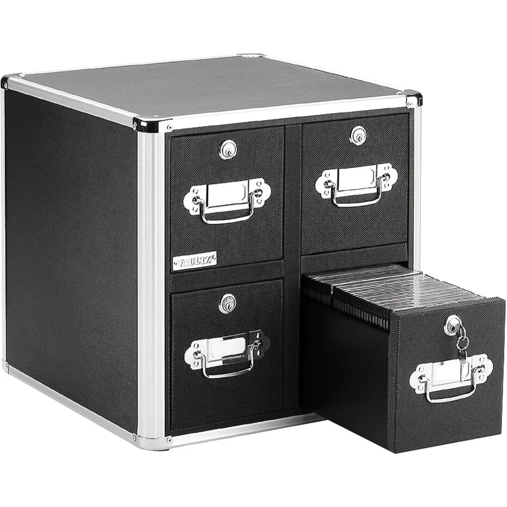 

CD Case Holder - File Cabinet CD Rack w/ 4 Drawers and Key Locks, 14 x 14.5 x 15.5 Inch DVD Organizer and CD Storage Box - Blac