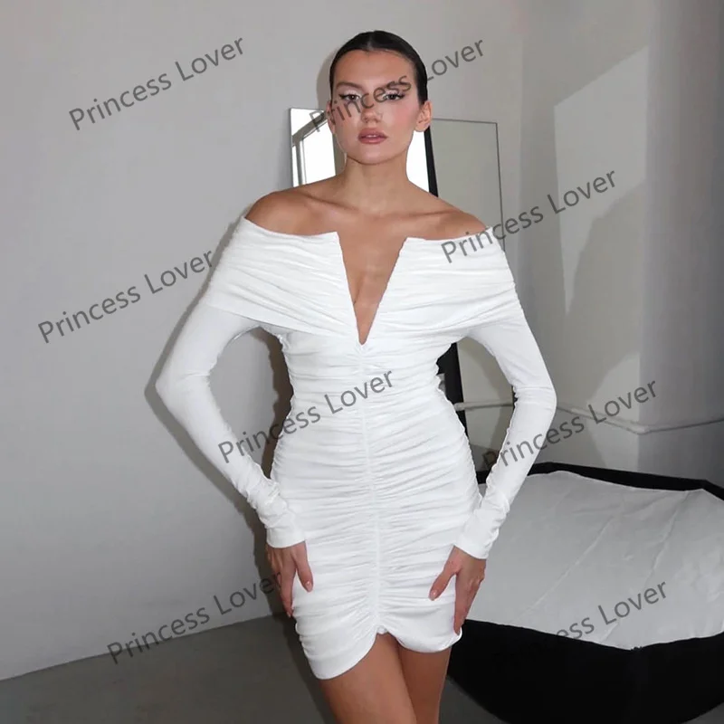 فساتين سهرة باللون الأحمر الداكن للنساء بأكمام طويلة لحفلات الزفاف فستان أنيق بطيات فستان حفلات مكشوف الكتفين لحفلات الكوكتيل #4