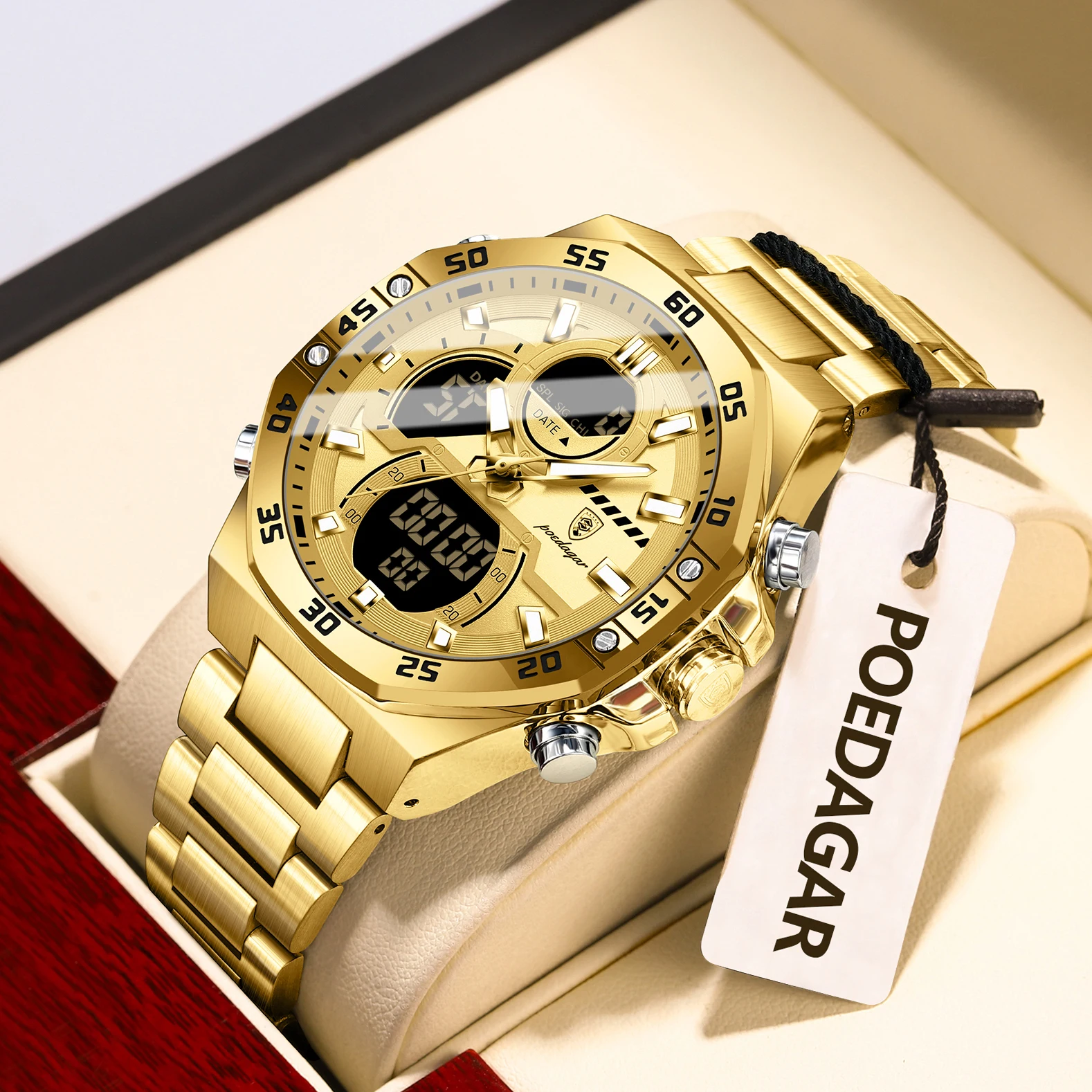 POEDAGAR Top Quartz Men Clock LED Luminous Waterproof Week Date Man Watch Stainless Steel Fashion Military Digital Men's Watches
