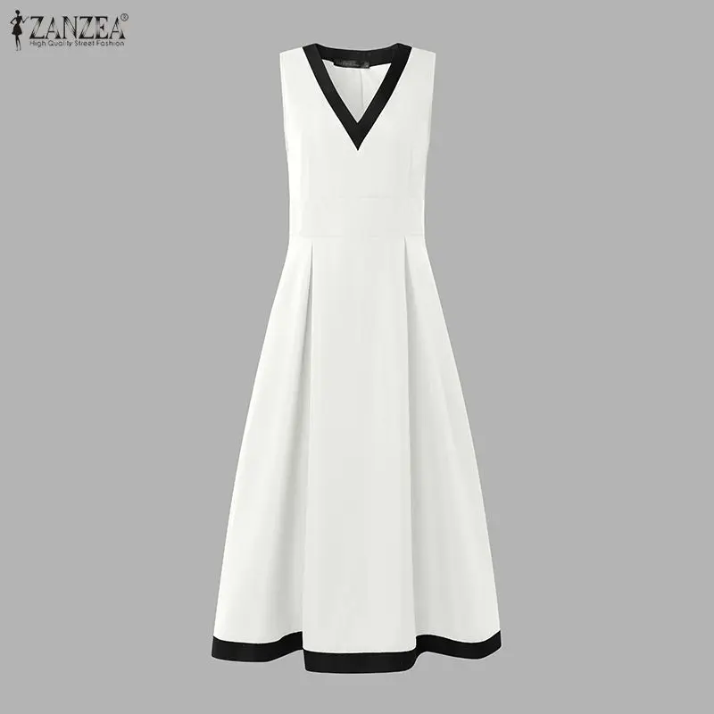 ZANZEA Elegant V Neck Sleeveless Party Dress Women Summer Patchwork Sundress Stylish Waisted A Line Dresses Holiday Midi Robe