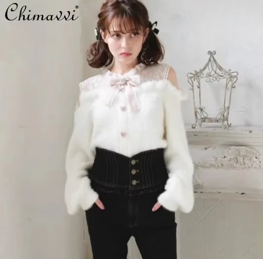 

Liz Sweet Lolita Winter New Women Off Shoulder Sweater Pullover Student Elegant Long Sleeve Knitwear Bow Lace Waist Slim Sweater