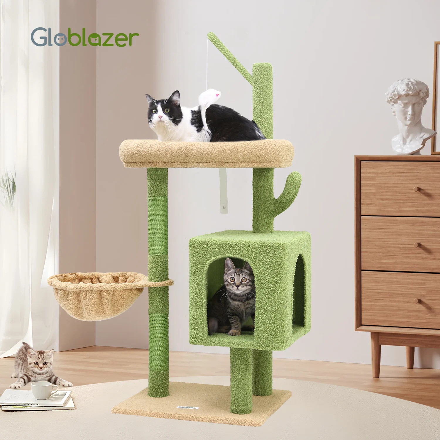 

F46C Versatile Play Cactus Cat Tree Tower | 46-Inch Sturdy Cat Condo with Scratching Posts, Hammock, Multiple Platforms , Green