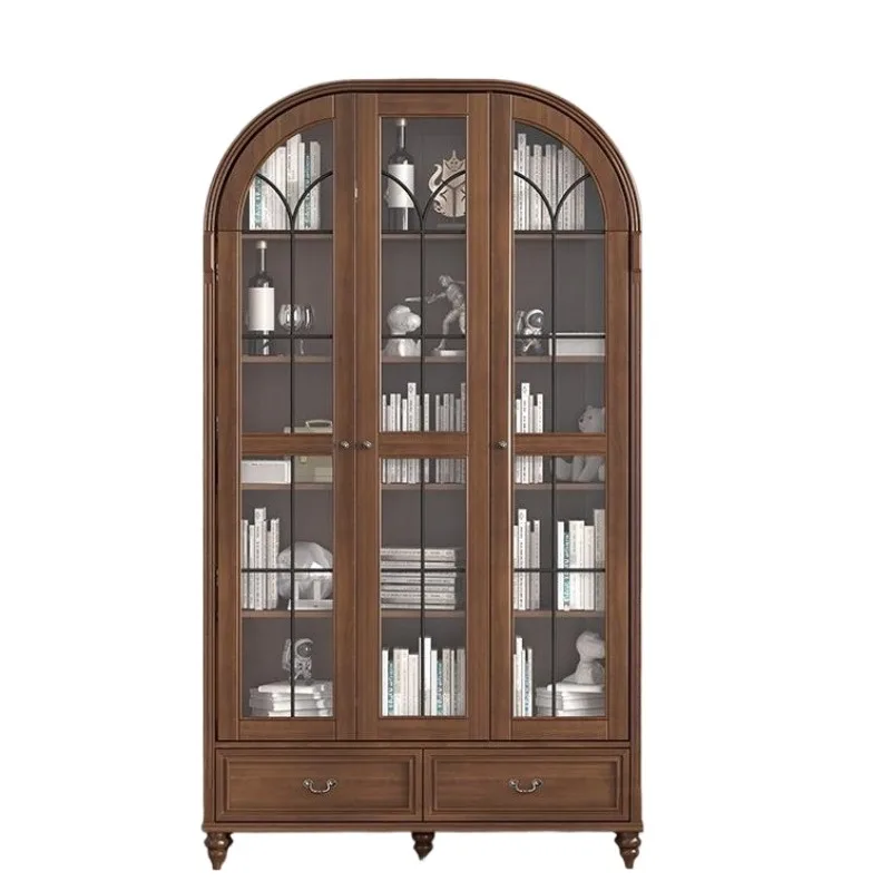 

American rural solid wood bookcase Nordic side cabinet arched glass door decorative bookshelf French retro wine cabinet