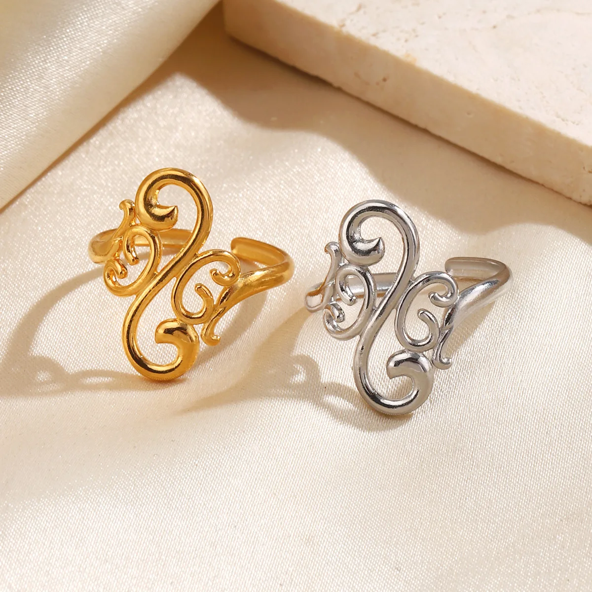 Gold Plated Tribal Geometric Rings Vintage Titanium Steel Adjustable Open Ring For Women Ethnic Pattern Statement Jewelry Gift