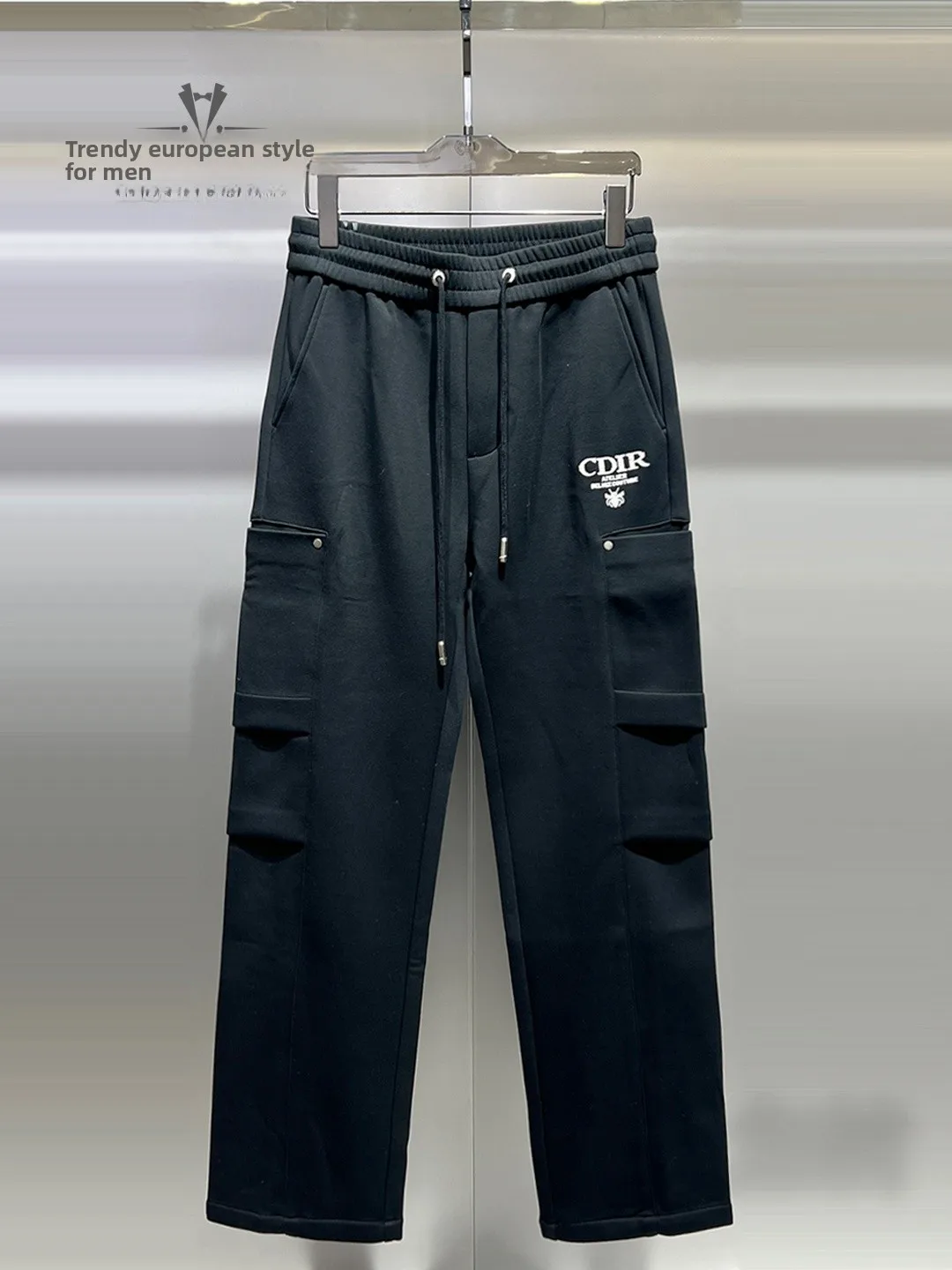 

Men's Fce Lined Casual Trousers Winter Embroidery Design Straight Leg Sweatpants ket Detail Elastic Waist Youthful Sle