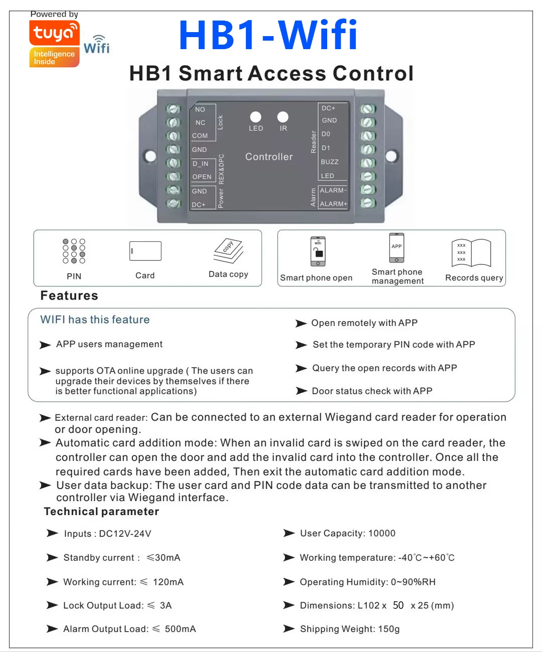 HB1/TTB01 WiFi App Single Door Remote Controler Access Control Board Panel Wiegand 26 44 Bits Input Controller