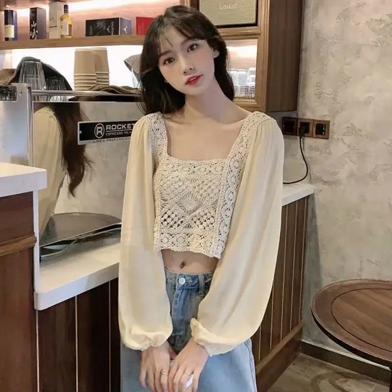 Blouse Women Square Collar Puff Sleeve Hollow Out Patchwork Fashion New Elegant All-match Loose Casual Sweet College Crop Tops