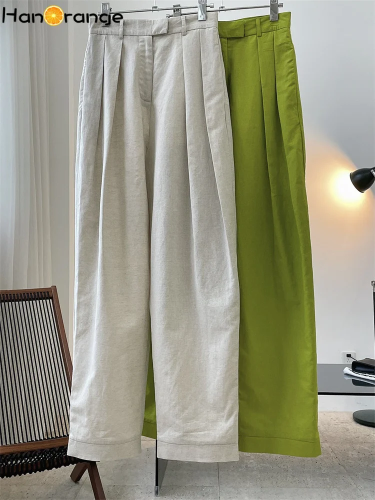 HanOrange 2024 Summer Fashion Linen High Waist Wide Leg Pants Women Loose Profile Dry Breathable Trousers Female Vintage Clothes