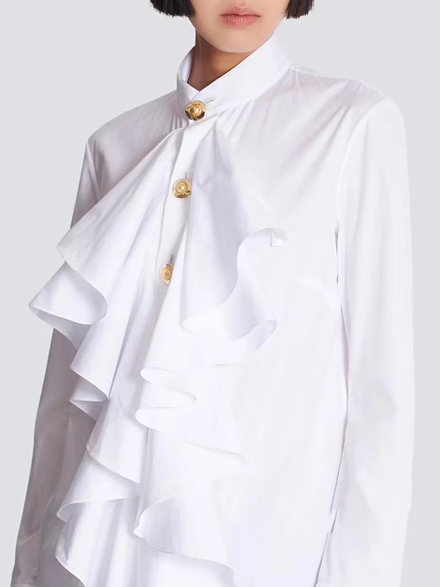 TWOTWINSTYLE Solide Gespleißt Pilz Falten Mode Shirts für Frauen Rundhals Lange Ärmel Patchwork Einreiher Hemd Weibliche