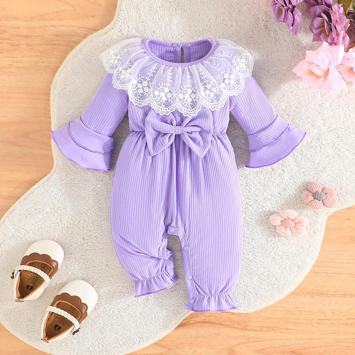 Baby Girl Newborn Onesies Romper 0-18 Months Toddler Clothing Infant Long Sleeve Cute Lace Collar Button Jumpsuit