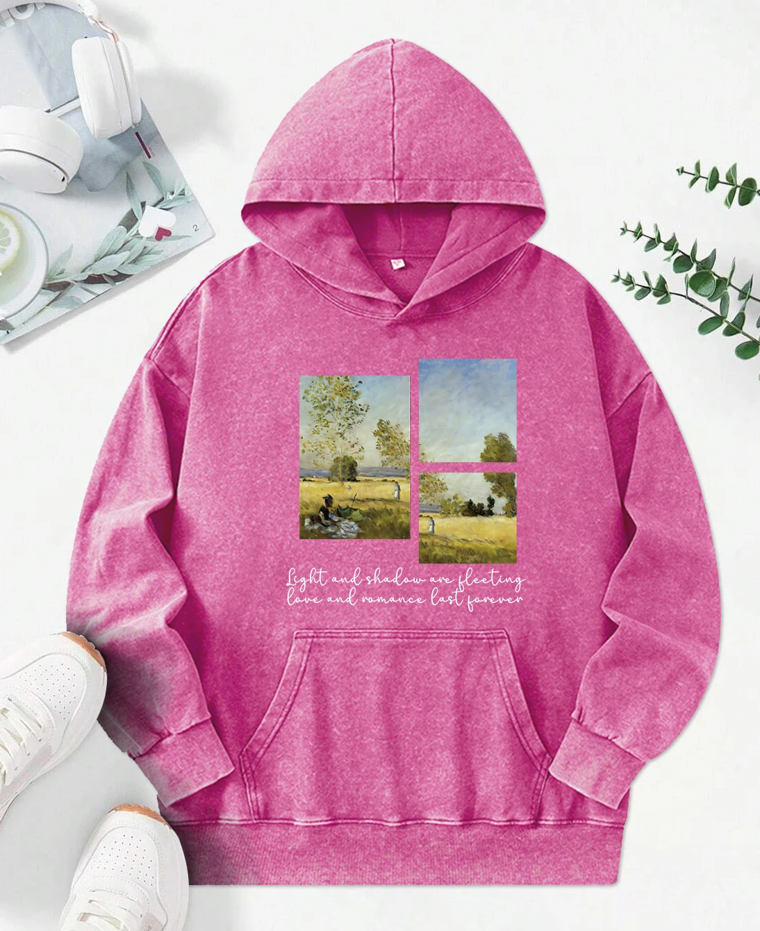 Beautiful Field Oil Painting Print Washed Hoodies Female Autumn Pocket Streetwear Loose All-Match Hoody Hip Hop Cotton Clothes