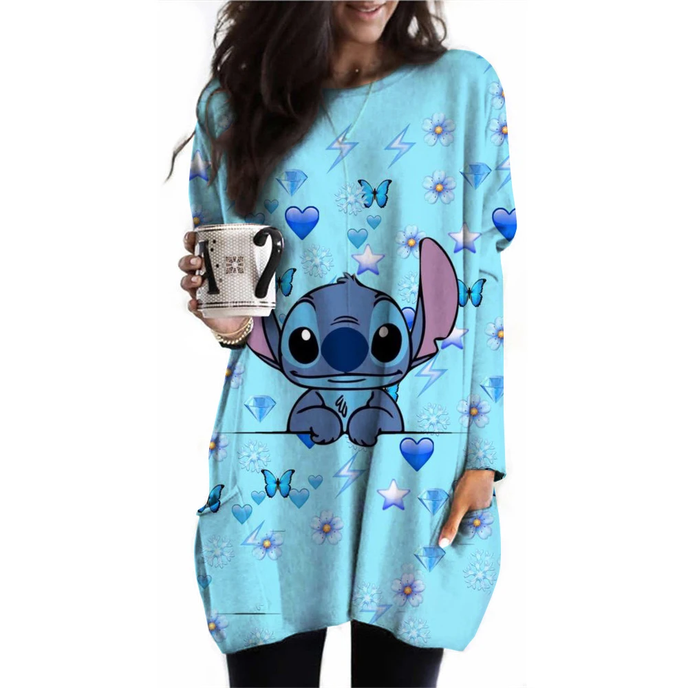 Spring Disney Lilo&Stitch Long Sleeve Round Neck T-shirt with Pocket Length T Women\'s Autumn Clothing Casual Loose Home