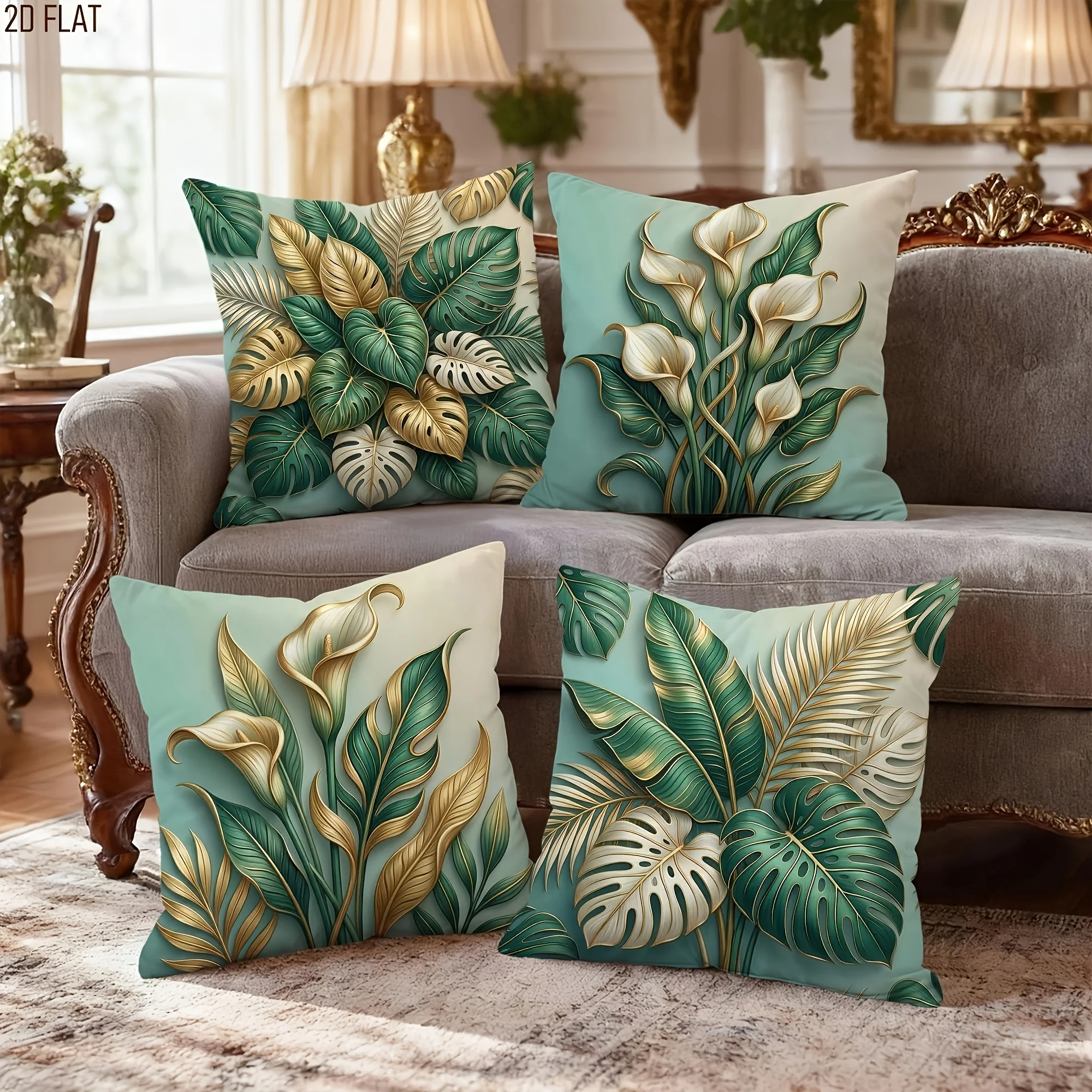 4Pcs Gold Green Tropical Leaf Throw Pillow Covers Calla Lily Monstera Palm Leaf Print Cushion Cases for Sofa Living Room Bedroom