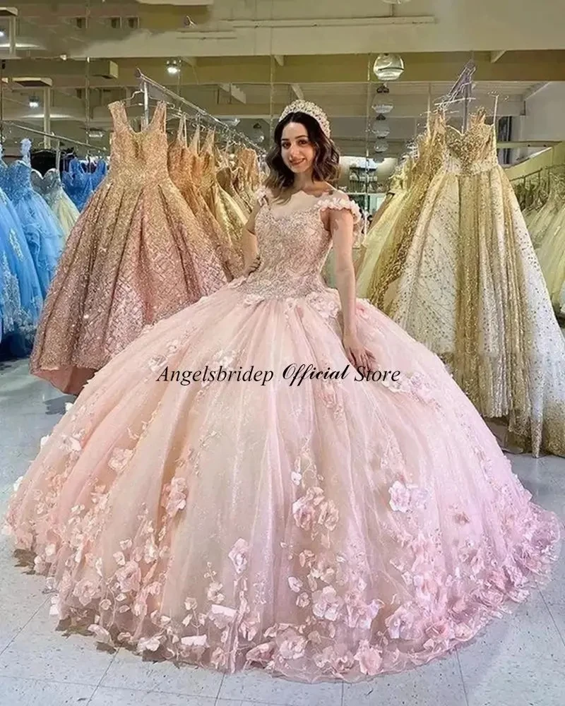 

ANGELSBRIDEP Tulle Ball Gown Quinceanera Dresses 2023 Off The Shoulder Pink Corset Vestido 15 Anos Festa Graduation Party Gowns