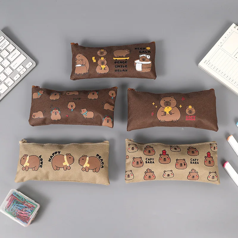 Capybara Kawaii Pencil Cases Large Capacity Pencil Bag Pouch Holder Box Multi-Layered Oxford Student Stationery School Supplies