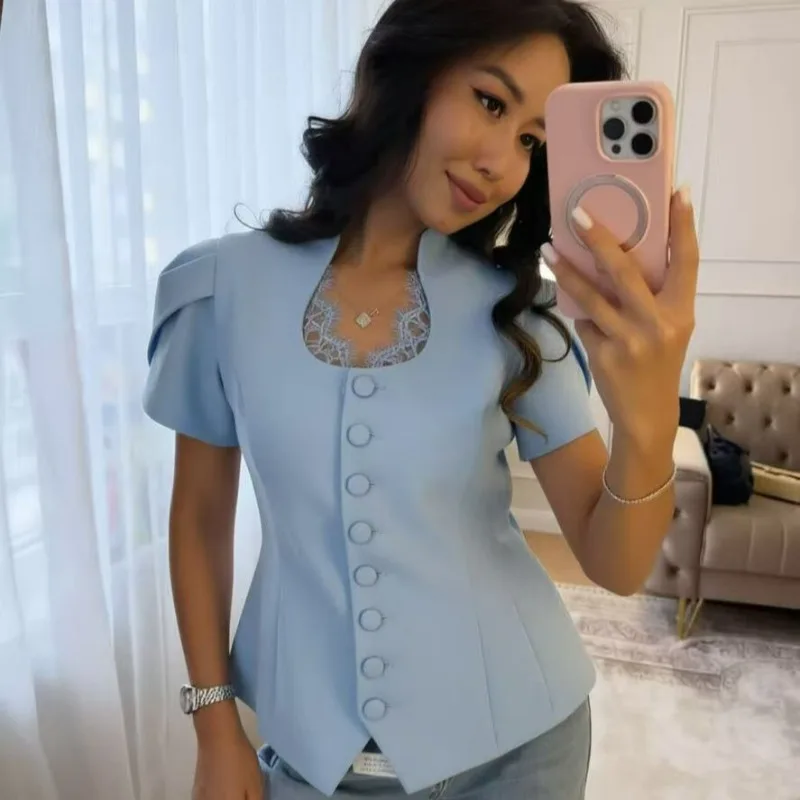 A Fashionable Lace-stitched Collar Suit European American Style Versatile Single-breasted Short-sleeved Jacket Women's Elegance