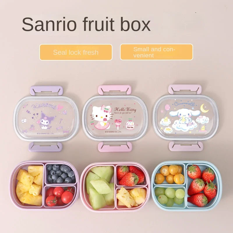 Kawaii Sanrio Kuromi Cinnamoroll Fruit Box Children Portable Separated Fresh-Keeping Bento Box Student Lunch Box Kids Gift Toys