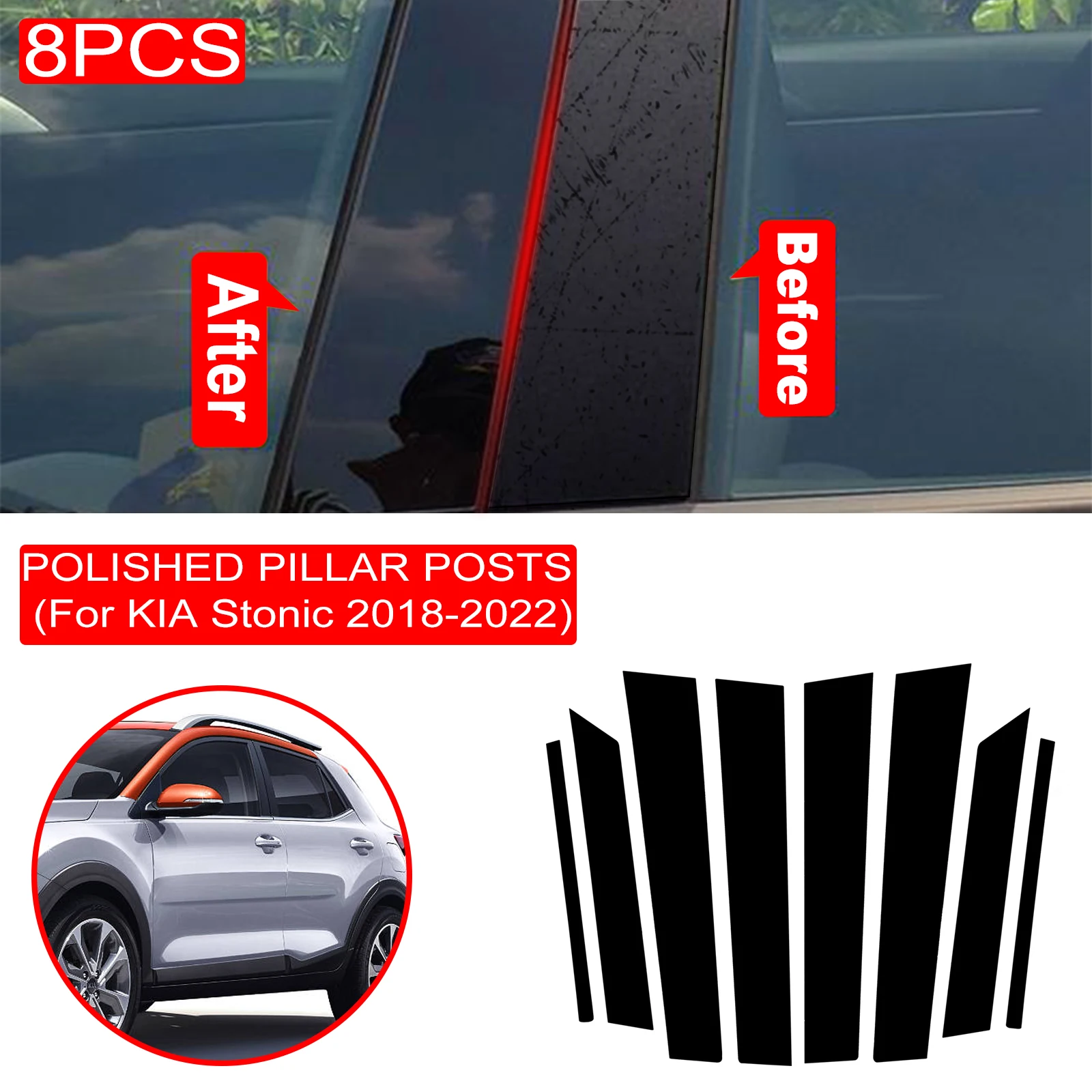 8PCS Polished Pillar Posts Fit For KIA Stonic 2018-2022 Car Window Trim Cover BC Column Sticker - view 2