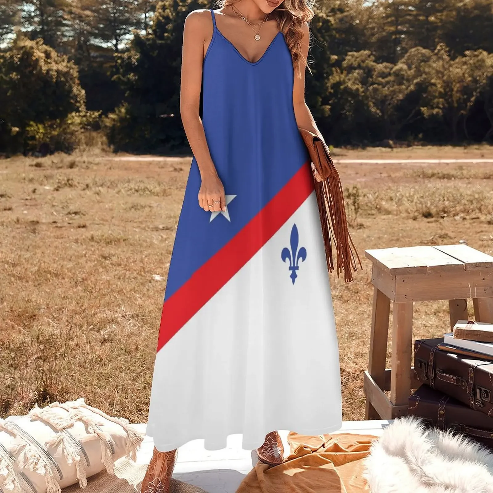 Franco-American Flag or French-American Flag USA francophones Fren in United States Nouvelle-France Flag Red wh Sleeveless Dress