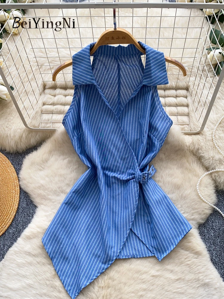 

Beiyingni French Design Women's Shirts Blue Striped Cross Irregular Sleeveless Tops Female Casual Retro High Street OL Blouses