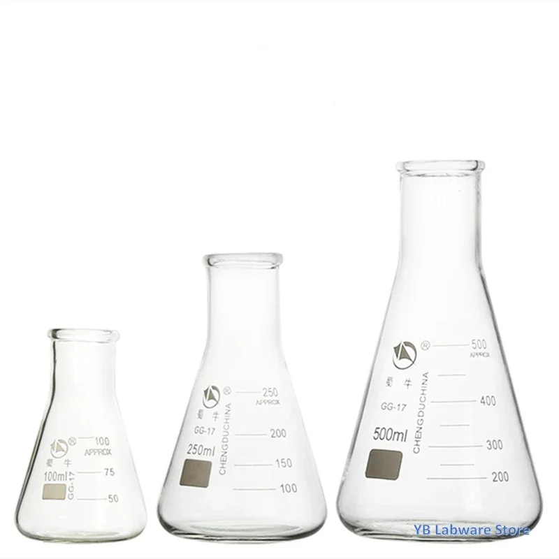 Flacone triangolare conico a collo largo dritto in vetro borosilicato da 1PC da 50ml a 1000ml per apparecchiature chimiche da laboratorio