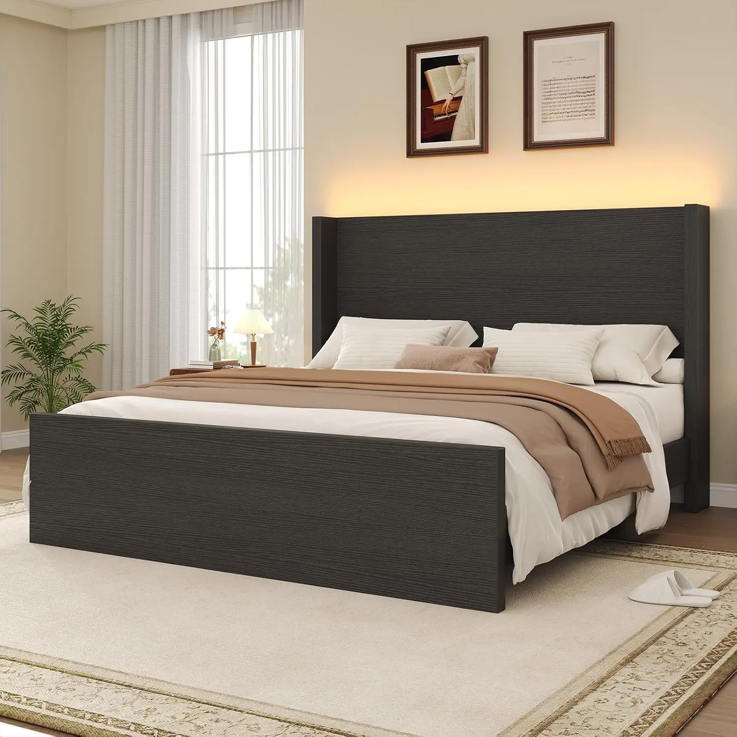 Queen Platform Bed With LED Wingback Headboard & Footboard, Wooden Slats No Box Spring, Easy Assembly, Black, Customized