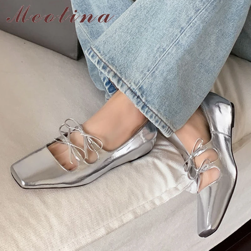 

Meotina/женские перчатки из натуральной кожи Мэри Джейн с квадратным носком на плоской подошве и бантом, женская модная обувь, весна-осень, серебро 40