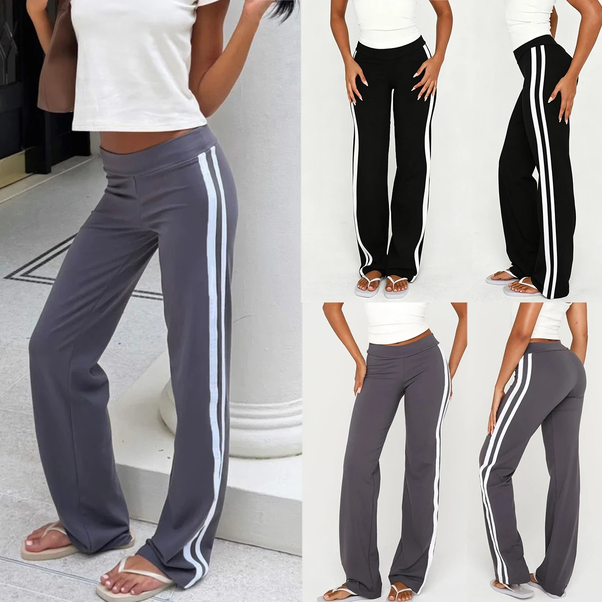 Womens Low Rise Fold Over Waist Flared Trousers, Side Double Stripe Y2K Casual Stretch Sporty Long Trousers Going Out Streetwear