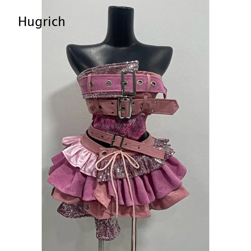 Women's Pink Ruffled Stage Performance Outfit with Belted Corset Top and Layered Mini Skirt Set for Dance or Party Events