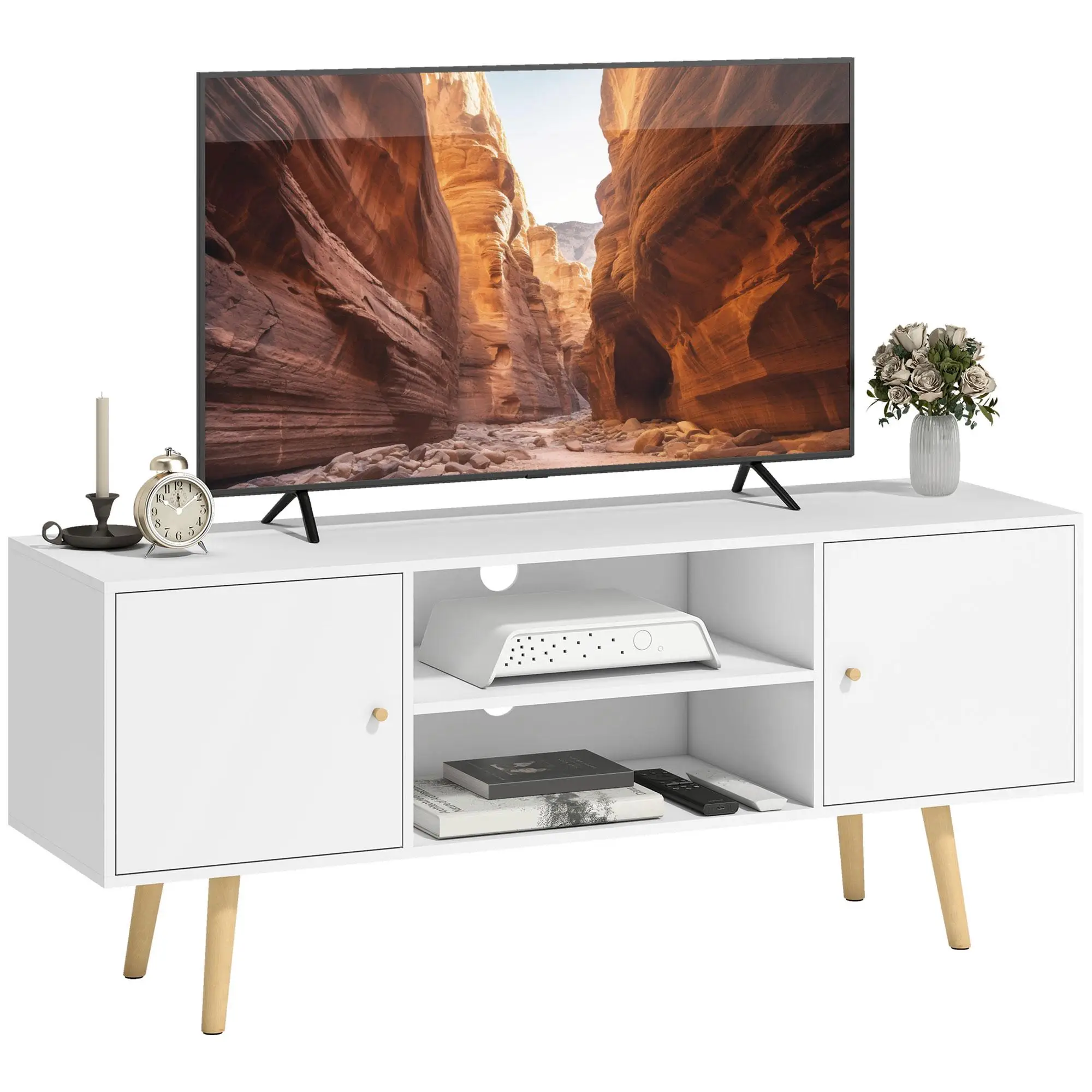 HOMCOM Mueble para TV de hasta 55 pulgadas, 2 estantes abiertos y 2 armarios Blanco 120x34x50cm