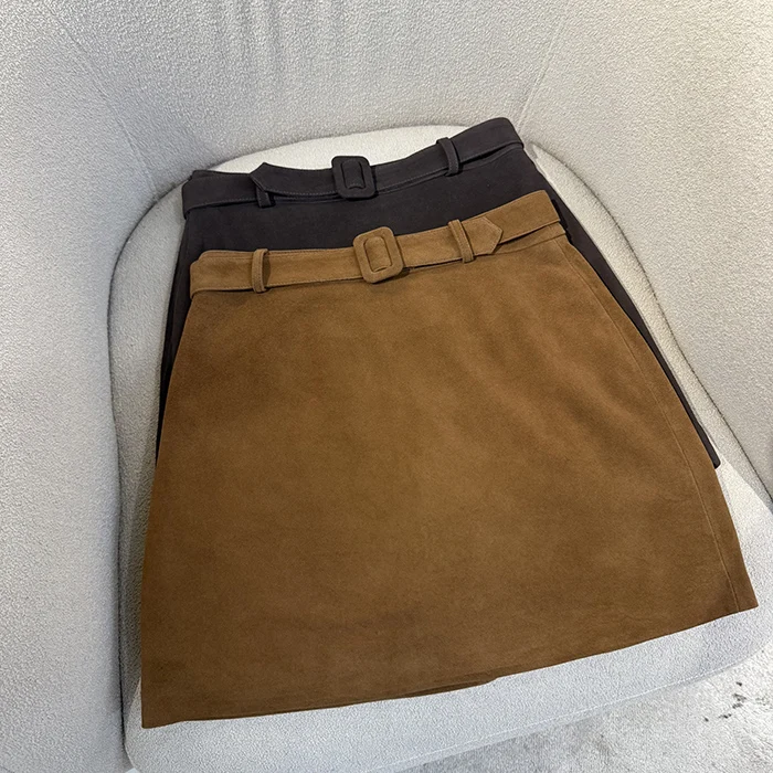 

Юбка из искусственной замши и натуральной кожи с поясом, А-силуэт, с запахом на талии, повседневная женская юбка