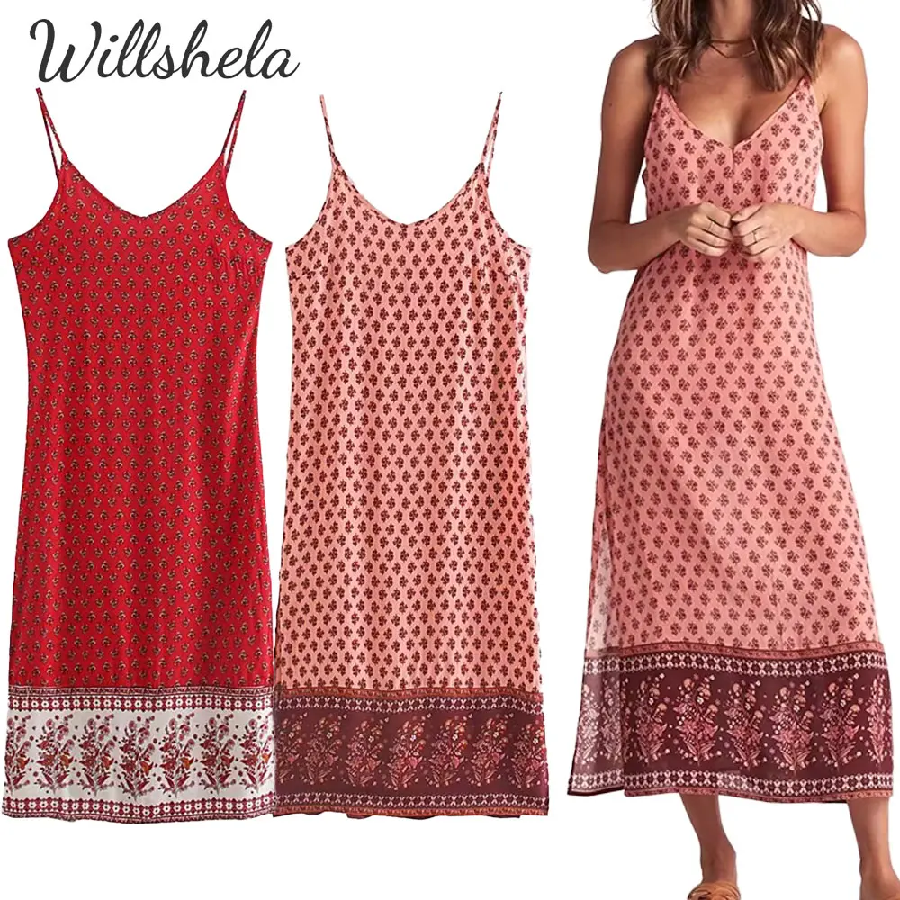 

Willshela Women Fashion Cotton Printed Backless Straight Midi Camisole Dress Sleeveless Female Chic Lady Casual Long Vestidos