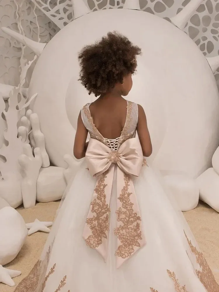 Blumen mädchen Kleid für Hochzeit Tüll geschwollene Applikation ärmel los mit Bogen Kinder Geburtstags feier Prinzessin Erstkommunion Ballkleider